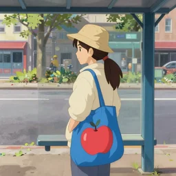 cowgirl in bucket hat and carrying blue bag with red apple print waits at blue metro bus stop studio ghibli Kazuo Oga painting urban background painting dappled medium portrait