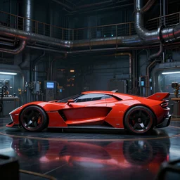 a side view photo of a futuristic corvette car on a reflective black floor in a industrial diesel punk scientific research laboratory, hyper detailed, smooth, high contrast, volumetric lighting, octane, jim lee, giorgetto giugiaro, craig mullins, ian callum, vibrant rich deep color