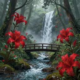 a beautiful red flower in the forest, ornate, beautiful, atmosphere, vibe, mist, rain, wet, puddles, waterfall, clear stream, bridge, forest, flowers, concept art illustration, color page, tone mapping, akihiko yoshida, james jean, andrei riabovitchev, marc simonetti, yoshitaka amano, digital illustration, greg rutowski