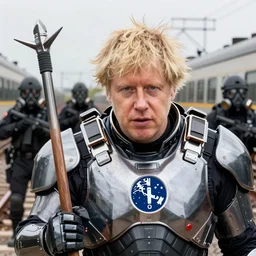 vfx movie closeup real life boris johnson holding wearing futuristic armor, half life logo on chest, crowbar in russian train yard swat team in gas masks approaching by emmanuel lubezki