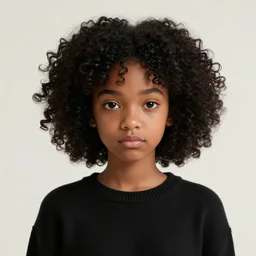 a shy dark skinned brazilian girl with droopy eyes, very cute, black curly hair, wearing a black sweater, digital art, artstation, smooth, high quality