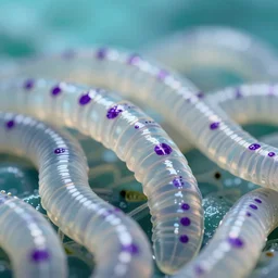 high quality close-up photo translucent biomechanic worms! gorgeous purple dots highly detailed hannah yata elson peter cinematic turquoise lighting high quality low angle hd 8k sharp shallow depth of field