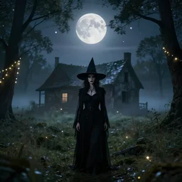 a realistic witch standing in the middle of a dark field, trees around the edges of the field, an abandoned house behind her, beautiful moonlight, hyper realistic, fog surrounds her, fairy lights and stars