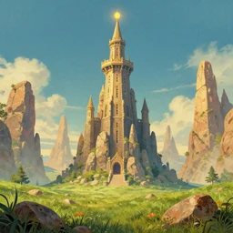 the wizard's magical tower!!, rocky grass field, grand landscape art by donato giancola and greg rutkowski, vintage retro, digital art, trending on artstation, symmetry!!, epic composition, volumetric lighting