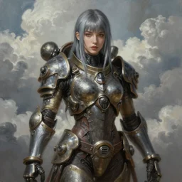 ultra realist and ultra intricate detailed soft painting of a beautiful mechwarrior girl in steampunk armor, thin lustrous hair, symmetry features, sensual gloomy style, soft painting, volumetric clouds,  fantasy background, artstation, Tom Bagshaw artstyle, unreal render
