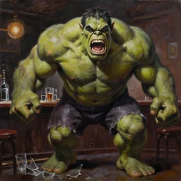 painting by phil hale of a screaming, brutish, ogre-ish jon taffer!!! in a bar, broken glasses and drinks in the background, hulkish, towering, distressing, hd, high quality, visible texture and brush strokes