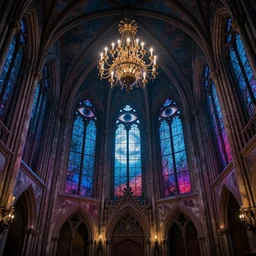 large gothic hall with large chandelier under the ceiling, eyes over the windows, horror movie, moonlight, artstation, detailed, colorfull, futuristic