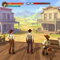 screenshot of gameplay dating simulator game set in 1 8 6 2, interior of old west saloon, featuring african american and japanese cowboys and cowgirls in ghost town with buildings painted bright pastel colors, morning light with mountains in the background