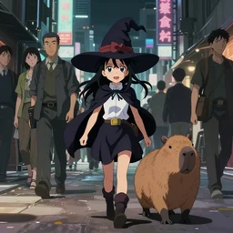 anime key visual of a little witch with her capybara mascot walking through busy cities, cinematic lighting, dramatic atmosphere, by dustin nguyen, akihiko yoshida, greg tocchini, greg rutkowski, cliff chiang, 4 k resolution