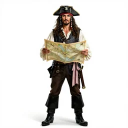 elegant pirate with treasure map, photorealistic portrait photography, full body, standing, isolated on a pure white background, centered, whole figure in frame, sharp focus, studio lighting