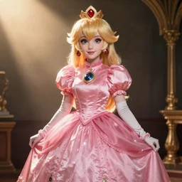 a woman cosplaying princess peach in an opera gown