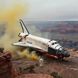 concept art, neillblomkamp movie shot, space shuttle wreckage in the grandcanyon on fire, an astronaut exploring, yellow smoke, moody, heavy fog, wide angle, beautiful matte painting, ultra detailed, 8 k render