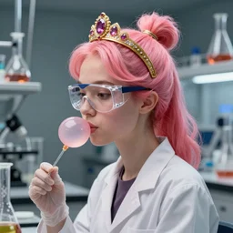 highly detailed, profile portrait of adult princess bubblegum, experimenting in her science lab, wearing lab coat and safety glasses and gold ring sapphire tiara, bubblegum hair with gold ring tiara, bubblegum face, bubblegum body, depth of field, illustration, concept art by nicoletta ceccoli, mark ryden, lostfish, detailed and intricate environment, 8 k resolution, hyperrealistic, octane render