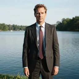 Norman Clegg wearing a suit and necktie standing near a lake