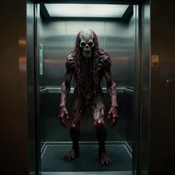 hyperrealistic colorized cinestill of creepy monster entity creature in the style of dead space, junji ito, gantz, waiting weirdly inside toronto apartment elevator. deep aesthetics of weirdcore