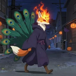 an anime about a fox animal with exposed flaming skull face nongraphic, 9 peacock tails, magical mage robes and walking through an empty street alone at night, halloween decorations, wonder, anime, furry, side profile, peaceful, vhs, art by yuji ikehata