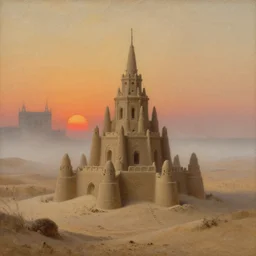 Landscape painting of a sand castle in a foggy desert in the evening. Neo-classical architecture. The sun sets. Warm colors. Dark bright effect. Oil on canvas by Jean-Auguste-Dominique Ingres and Albert Bierstadt and Ernst Haeckel and James Jean. Very detailed drawing, with a deep sense of composition. The style of the painting is delicate and slightly drawn.