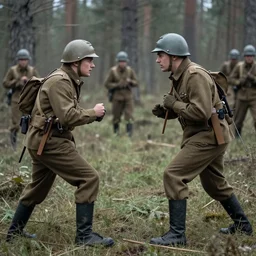 ww 2 battlefield encounter in the woods between a german and a soviet soldier