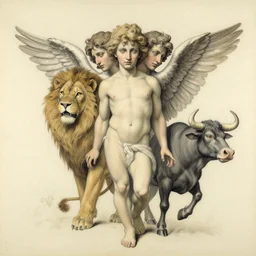 cherub with four faces : man, lion, eagle, bull. drawn by zdzislaw beksinski