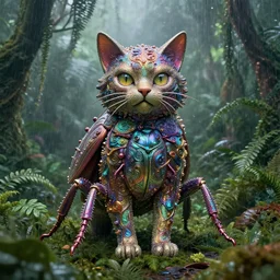 giant iridescent mix between a feline and bug creature in lush jungle, raining, foggy, moody, :: by Jeff Koons, Dan McPharlin Daniel Merrian :: ornate, dynamic, particulate, rich colors, intricate, elegant, highly detailed, centered, artstation, smooth, sharp focus, octane render, 3d