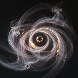 swirling light streaks and ornate flowing smoke streams and smooth particle effects flow around a small metallic sphere, unreal engine
