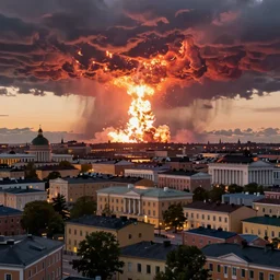 highly quality renaissance era concept art of Helsinki city skyline at dusk with a bright nuclear explosion in the horizon, artstation trending,