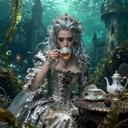 A messy, silver haired, (((mad))) princess from the 18th century, dressed in a ((ragged)), dirty, 18th century silver wedding dress, is ((drinking a cup of tea)),  in her right side is a porcelain tea set. Everything is in underwater (precious, scarry castle). mystical, atmospheric, greenish blue tones, water, seaweed and bubles, dreamlike, atmospheric, (((underwater lights))), concept art by John Everett Millais,  John Everett Millais,Annie Stegg Gerard, Ian David Soar, John Anster Fitzgerald