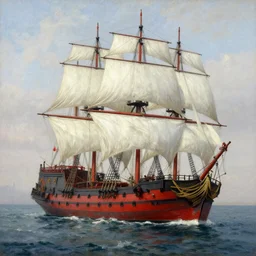 masterpiece painting of a a xix century port with a white sails and crimson hull, three mast brigantine pirate ship docked, by greg rutkowski and noah bradley, trending on artstation