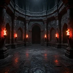Doom Chamber, stonework, dark, dark stone floor, round room, large room, black and red, flaming torches, flat floor, primeval fantasy, fantasy art, chamber