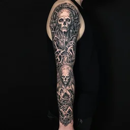 a lovecraftian, old gods themed tattoo sleeve, covering a persons entire arm, intricate detail