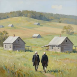 Jefferson and Washington walking inside amish houses among hills and fields, pastel style painting