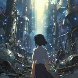 full shot of lady looks over cyberpunk industrial wastes by dan mumford, yusuke murata, makoto shinkai, ross tran, cosmic, heavenly, god rays, intricate detail, cinematic, cel shaded, unreal engine, featured on artstation, pixiv