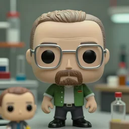 beautiful three point perspective film still of funko pop walter white in breaking bad, extreme closeup portrait in style of frontiers in miniature porcelain photography fashion medical lab edition, miniature porcelain portrait, eye contact, tilt shift style meth lab scene background, soft lighting, kodak portra 4 0 0, 8 k, macro, cinematic style by emmanuel lubezki