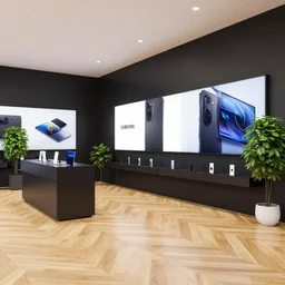hyperdetailed samsung store, oak parquet, black walls, digital walls, plants. lumion.