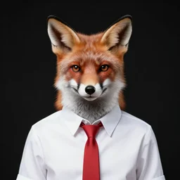 fox wearing a white shirt and a red tie on a black vest with a black mafia hat, digital art
