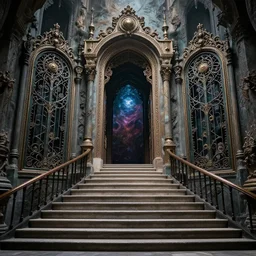 staircase towards a otherworldly entrance into another universe, majestic occult gates, magical weird, strange fantastic, by octavio ocampo