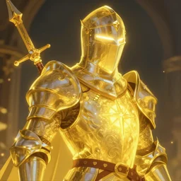 A fancy close up of a glowing yellow medieval Holy Knight by Greg Rutkowski, Sung Choi, Mitchell Mohrhauser, Maciej Kuciara, Johnson Ting, Maxim Verehin, Peter Konig, 8k photorealistic, cinematic lighting, HD, high details, dramatic, trending on artstation