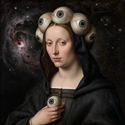 a woman in a cloak made of eyes and heads, eye nebula, by jan van eyck,