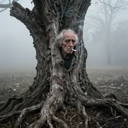 photographic portrait of wrinkly sad max ernst dried melting tree roots with spiraling cigarette smoke, in fog, medium long shot