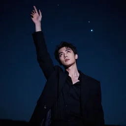 kipo standing under the stars with an arm raised to the night sky, in professional makeup, dramatic lighting, by radford sechrist, 4 k, trending on artstation