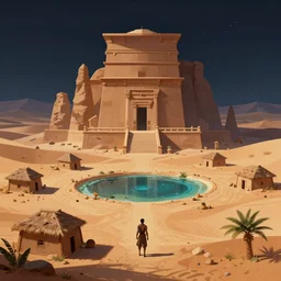 Desert City, Small houses, large temples, a small oasis, a small palm trees; night; digital painting, concept art, smooth, sharp focus, illustration, single character full body, rule of thirds, from Horizon: Zero Down, by Mandy Jurgens and Artgerm