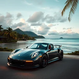 porsche on the tropical island, professional photography, vaporwave