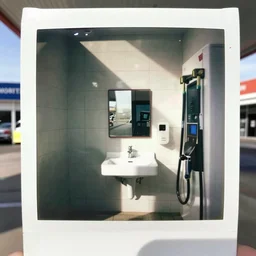 polaroid of a very clean gas station bathroom, clean, poorly lit, super clean