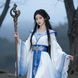 photograph of a real-life beautiful sky witch with ornate white and blue robes and staff.  Extremely detailed. 8k