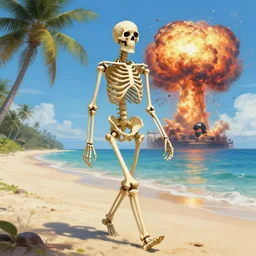 Beautiful digital painting portrait of relaxed skeleton walking on the tropical beach with nuclear bomb explosion in the background, by James Gurney, high quality, trending on Artstation, realistic, tropical color scheme, anatomically correct skeleton, high coherence, clear blue sky