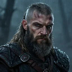 a terryfing viking with beard, scarred, wet, raining, close up, rim lighting, portrait, sinister atmospheric lighting. highly detailed painting by greg rutkowski, anime style