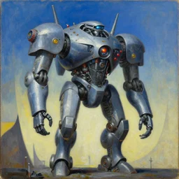 Cyberpunk giant robot by Simon Stålenhag and Umberto Boccioni, oil on canvas