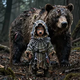 character and environment photography, portrait mystical infested anthropomorphic 2 0 - year - old male druid, bear nose, tattered spiderweb hood and robe, reflective eyes, infested bear standing, medium shot, wide angle, 2 0 0 px, low key