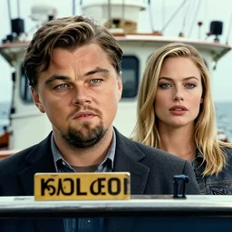 leonardo dicaprio as the wolf of wall street next to margot robbie as naomi from the wolf of wall street on a fishing boat, hyper realistic faces, beautiful eyes, cinematic, long shot, hyper detailed, 8 5 mm photograph, 8 k resolution, film still, sharp lens, wide lens