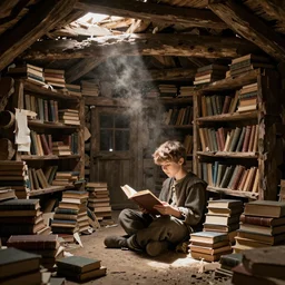 medieval setting; high quality studio photograph; a young boy reading a book in a shoddy log cabing full of books; motes of dust can be seen in the sunlight filtering through gaps in the roof; the books are scattered without any apparent organization in piles and shelves everywhere with barely the space to walk around; not that there are that many books, the place is just really small
